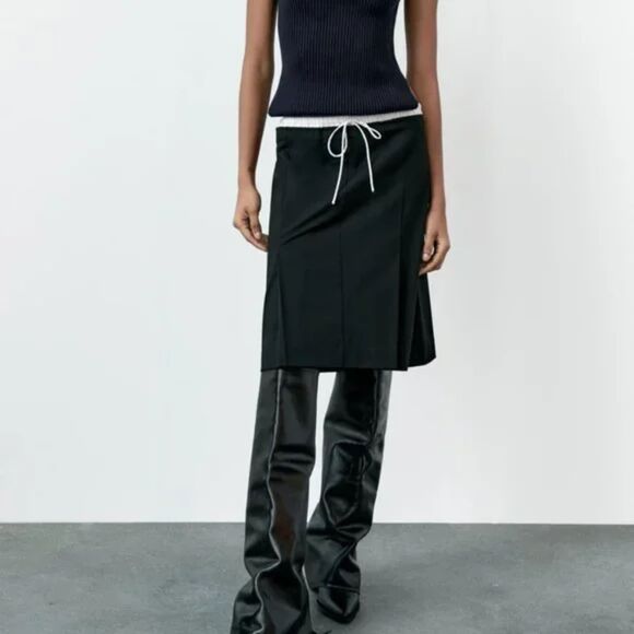 Black White Zara Drawstring Elastic Waist Mixed Combination Striped Boxer Skirt - Picture 2 of 7